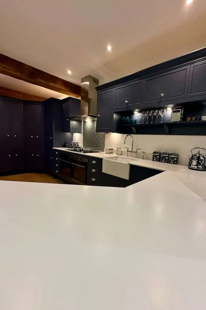 Bespoke navy shaker kitchen designed and installed by Rena Interiors, Falkirk